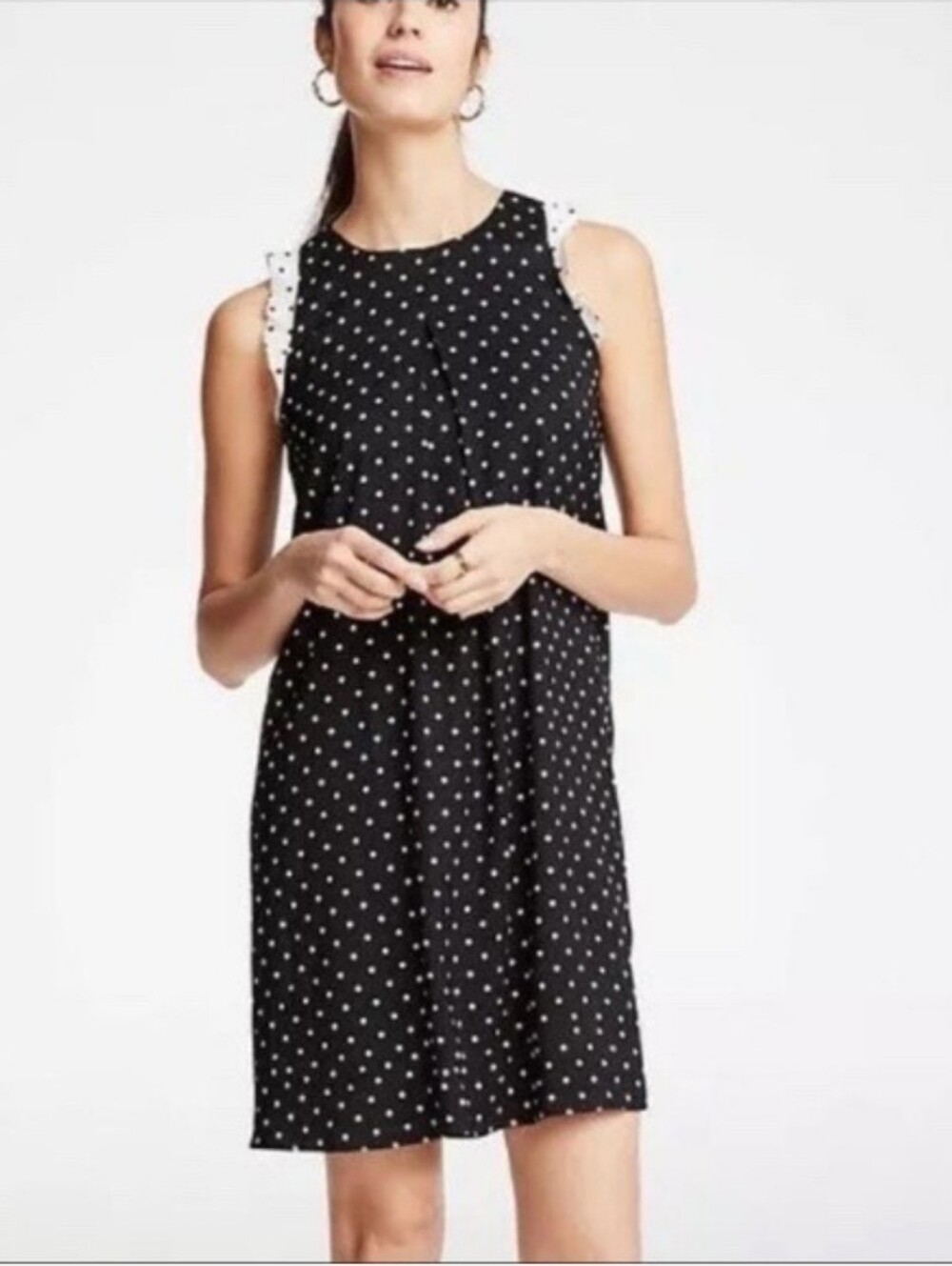 Ann Taylor Black Polka Dot Sleeveless Shift Dress with White Trim Size XL Petite